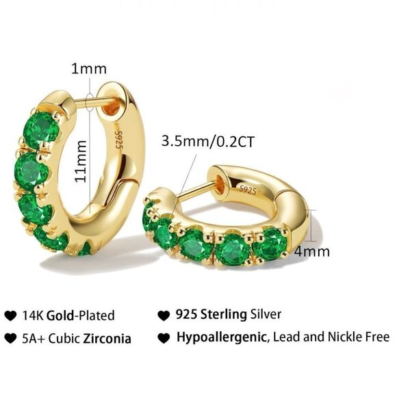 14K Yellow Gold 925 Sterling Silver Emerald Green Cubic Zirconia Huggie Earrings - Picture 7 of 7